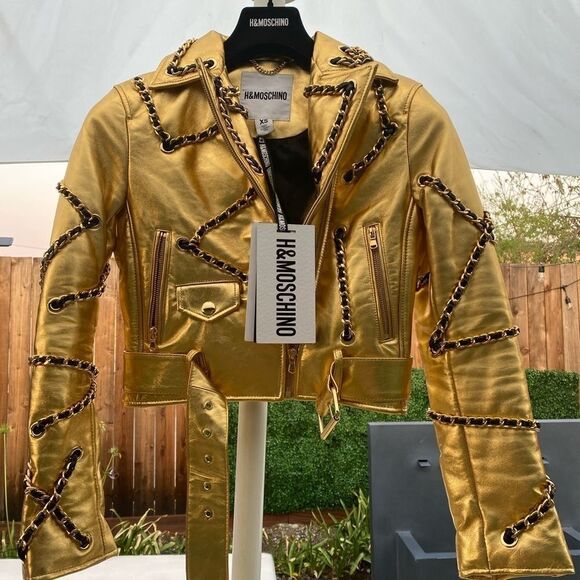 Gold Leather Moschino “H&Moschino” Chains Jeremy Scott Cropped Jacket NWT - Picture 3 of 17